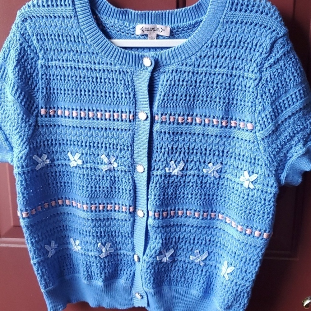 Nanette Lepore Textured Blue Cardigan with Subtle Pink Accents - Picture 2 of 10